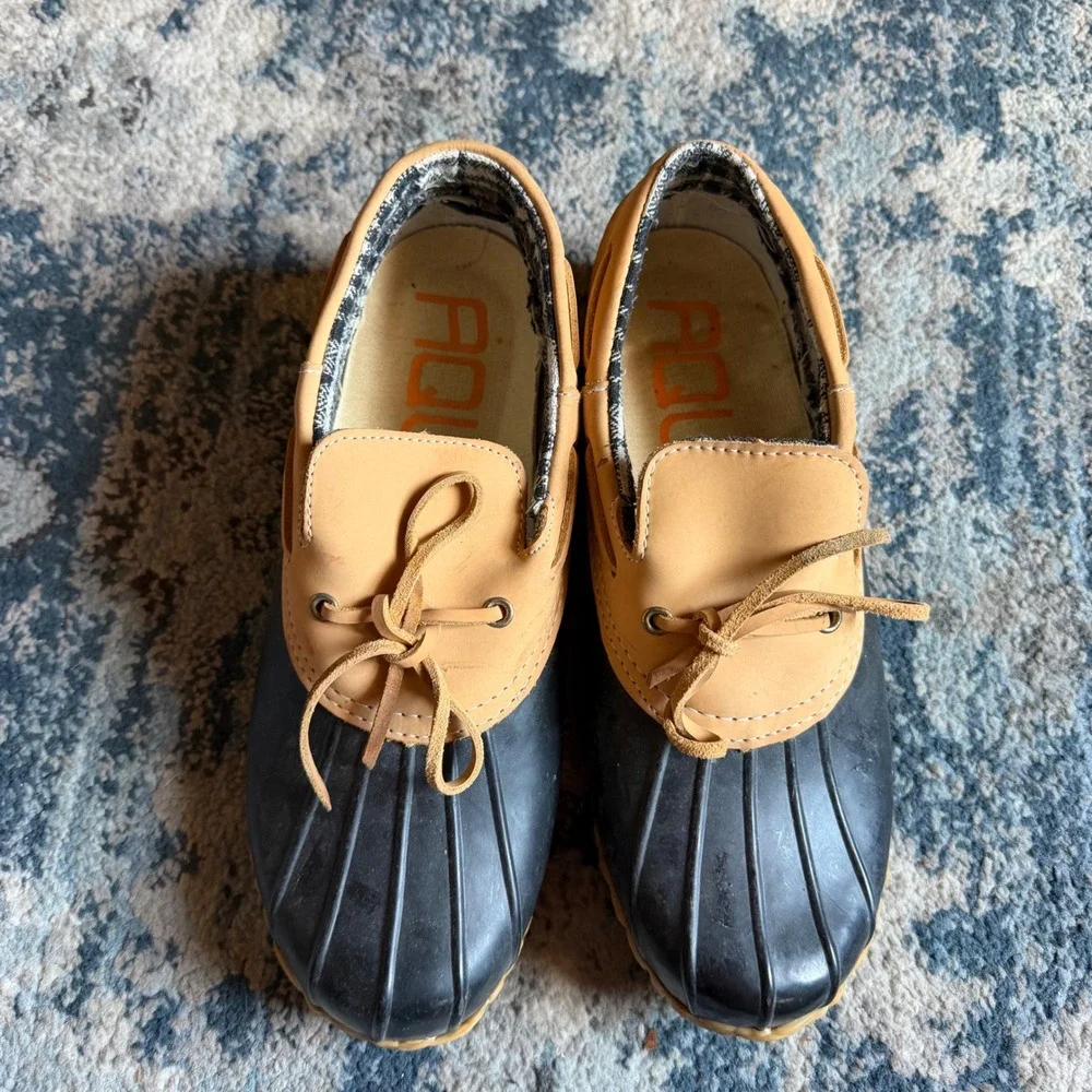 AquaStop Tara Black Tan Leather Rubber Duck‎ Shoes Loafers Womens Size 10